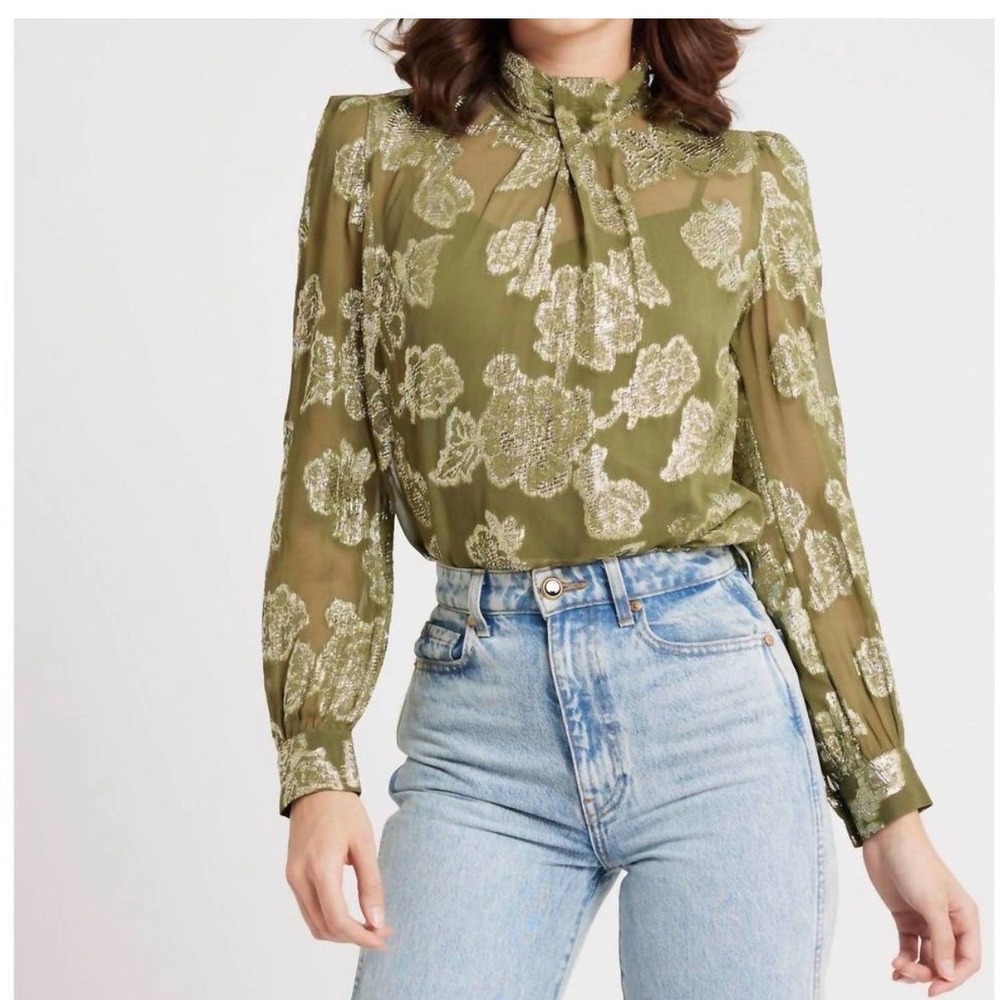 Mille Charlotte Blouse Gold Leaf Metallic Floral High Neck Sheer Top - XSmall
